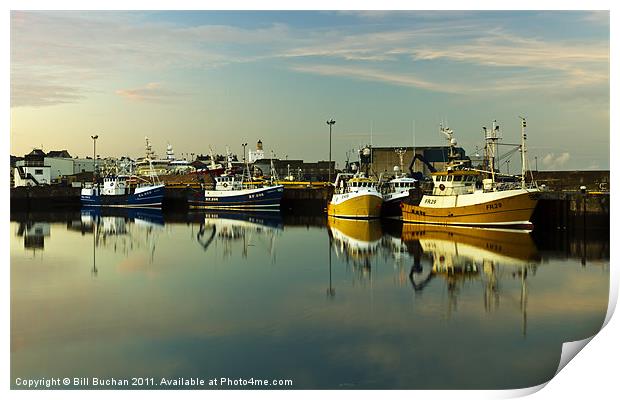 Fraserburgh Yellow and Blue Boats Print by Bill Buchan