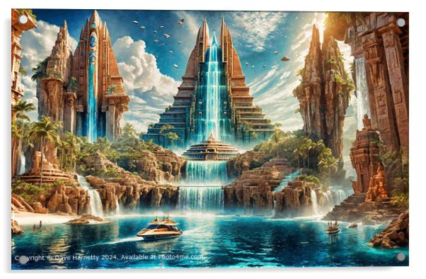 Atlantean Dreams 22-Pyramid Waterfall Fantasy Art Acrylic by Dave Harnetty