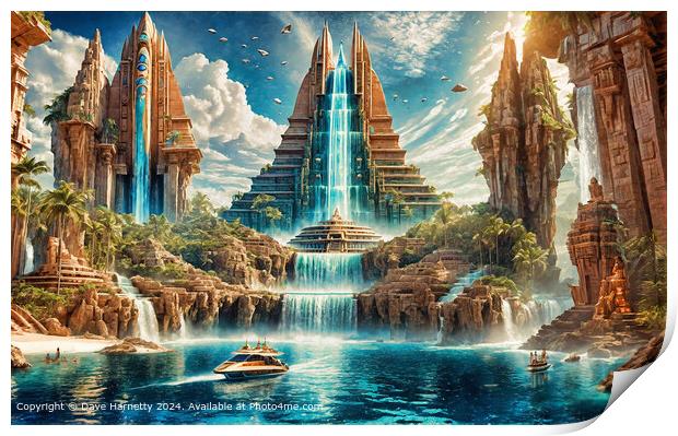 Atlantean Dreams 22-Pyramid Waterfall Fantasy Art Print by Dave Harnetty