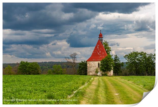 Old church in the summer field. Print by Sergey Fedoskin