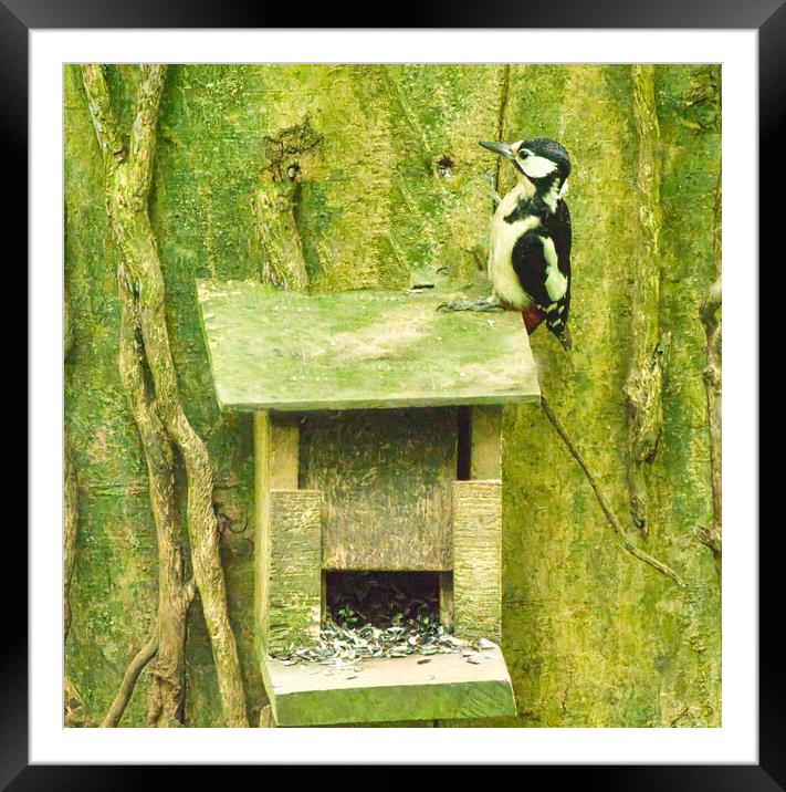 Woodpecker sitting on bird box Framed Mounted Print by chris hyde