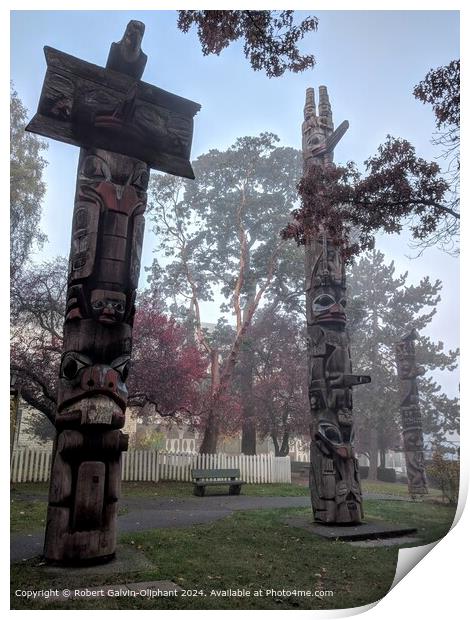 Misty Morning Totem Poles Print by Robert Galvin-Oliphant
