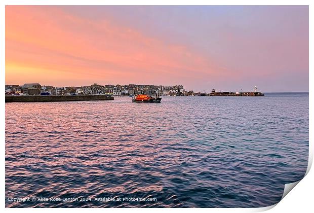 St Ives Lifeboat Leaves at Sunset Print by Alice Rose Lenton
