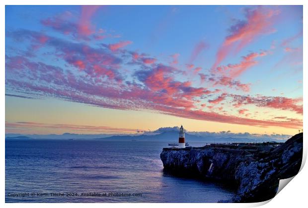 Sunset on Gibraltar lighthouse Print by Karin Tieche