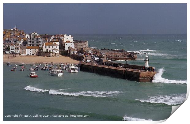 Rough Sea at St. Ives Print by Paul J. Collins