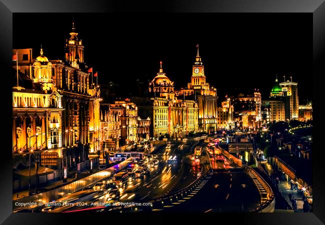 Illuminated Bund Shanghai Night Framed Print by William Perry