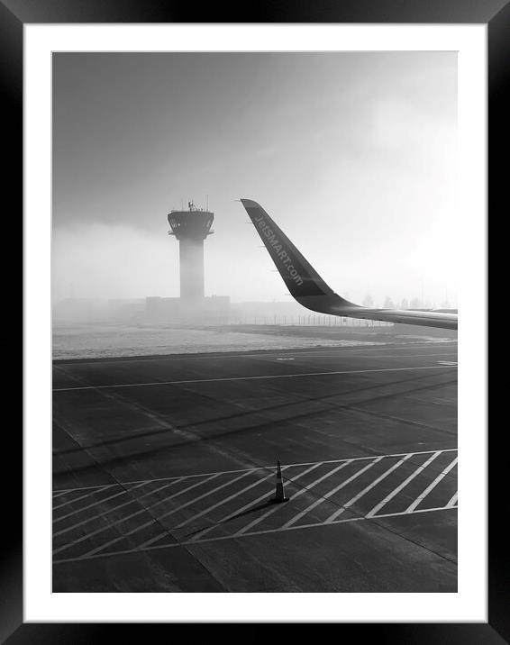 Foggy airport runway in b&w Framed Mounted Print by Camilo Diaz