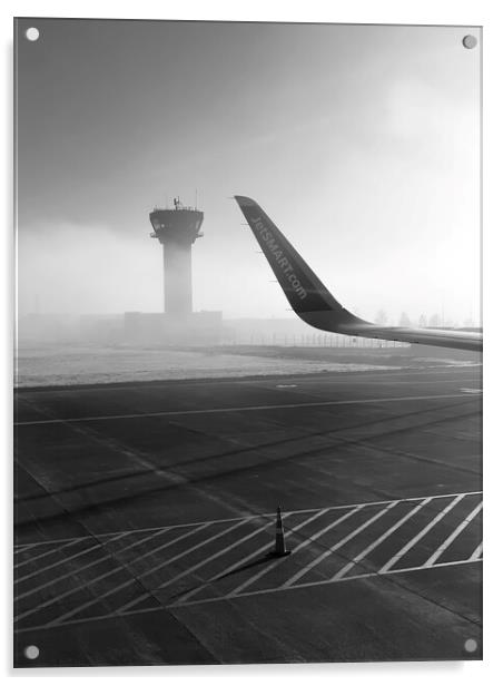 Foggy airport runway in b&w Acrylic by Camilo Diaz