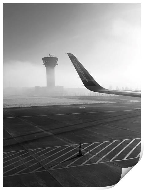 Foggy airport runway in b&w Print by Camilo Diaz