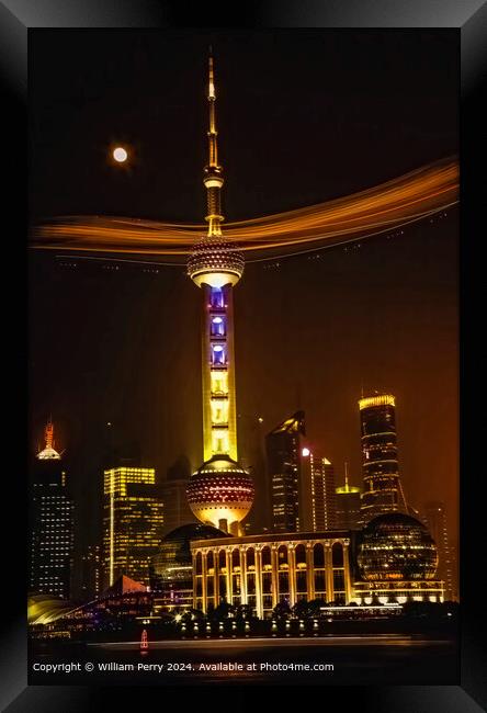 Shanghai TV Tower Night Blimp Framed Print by William Perry