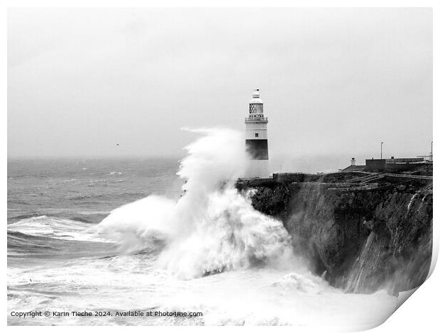 Stormy waves against the lighthouse of  Gibraltar Print by Karin Tieche