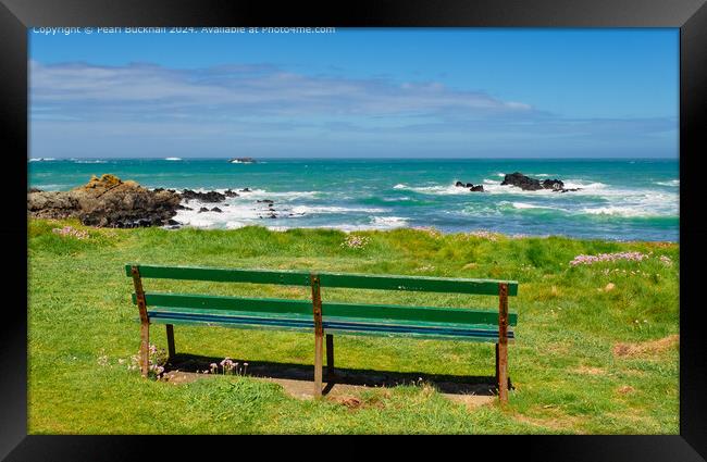 Bench and Sea View Guernsey Coast Framed Print by Pearl Bucknall
