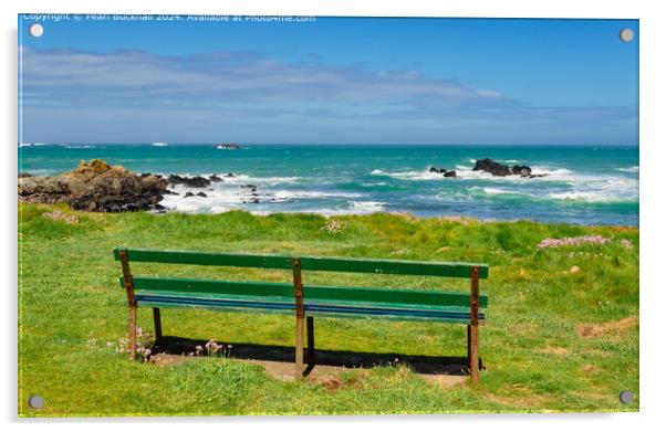 Bench and Sea View Guernsey Coast Acrylic by Pearl Bucknall