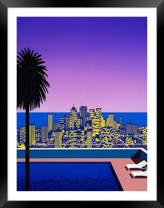 Hiroshi Nagai - City Pop At Night, Swimming Pool Framed Mounted Print by Welliam Store