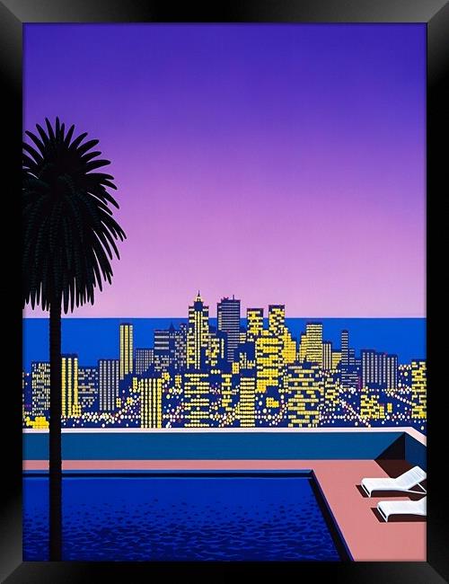 Hiroshi Nagai - City Pop At Night, Swimming Pool Framed Print by Welliam Store