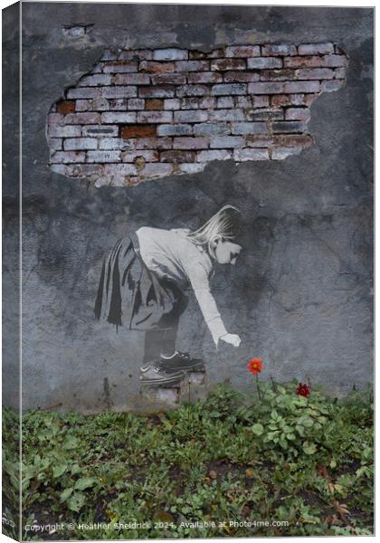 Graffiti girl picks real flower Canvas Print by Heather Sheldrick