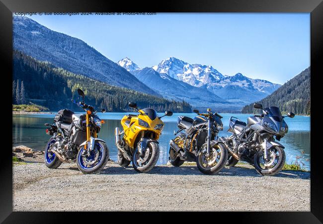Rocky Mountains Motorbike Adventure Framed Print by sue boddington