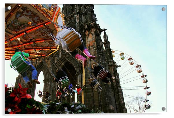 Merry- go-round and ferris wheel, Christmas, Edinb Acrylic by Linda More