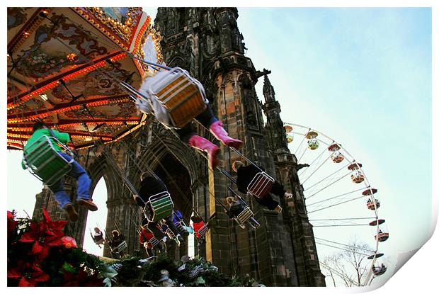 Merry- go-round and ferris wheel, Christmas, Edinb Print by Linda More