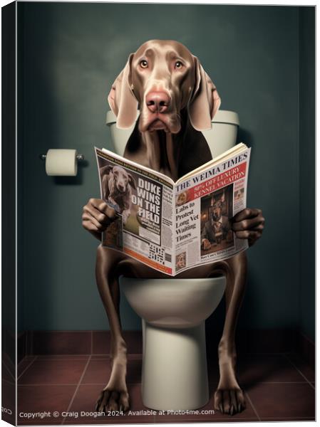 Weimaraner Dog on the Toilet Reading Newspaper Canvas Print by Craig Doogan