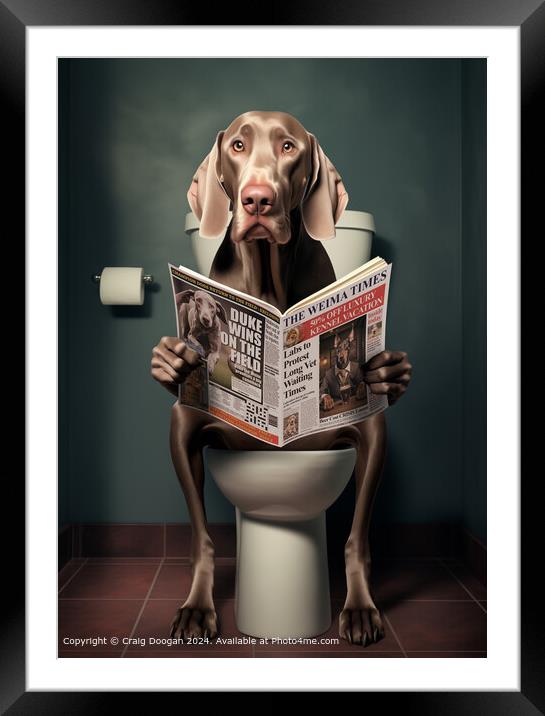 Weimaraner Dog on the Toilet Reading Newspaper Framed Mounted Print by Craig Doogan