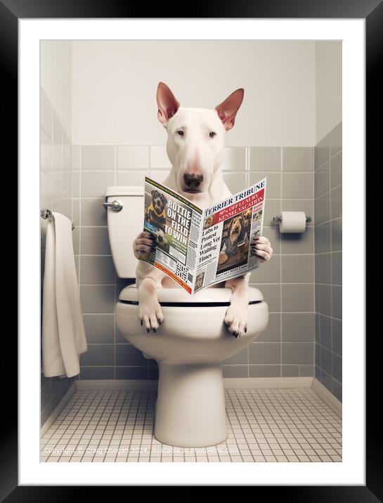 Bull Terrier on the Toilet Reading Newspaper Framed Mounted Print by Craig Doogan
