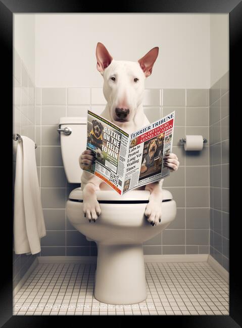 Bull Terrier on the Toilet Reading Newspaper Framed Print by Craig Doogan