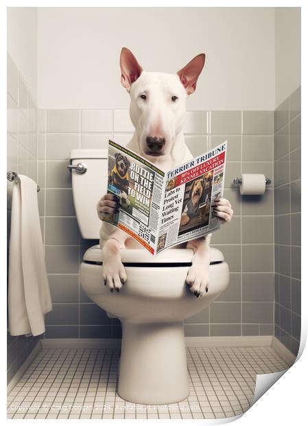 Bull Terrier on the Toilet Reading Newspaper Print by Craig Doogan