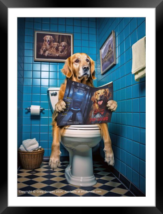 Golden Retriever on the Toilet Reading Magazine Framed Mounted Print by Craig Doogan