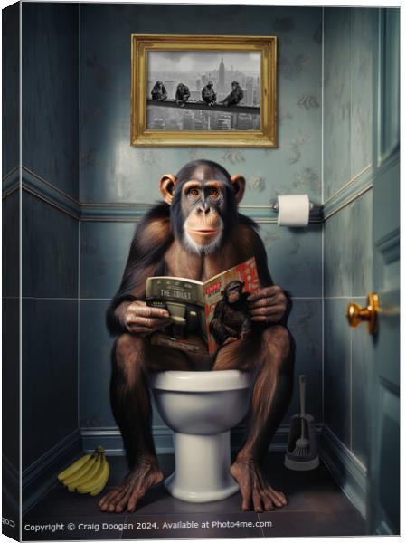 Chimpanzee Reading Magazine on the Toilet Canvas Print by Craig Doogan