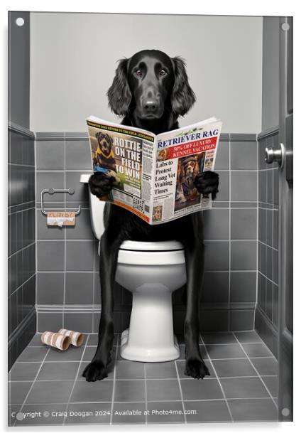 Flat Coat Retriever on the Toilet Reading Newspaper Acrylic by Craig Doogan
