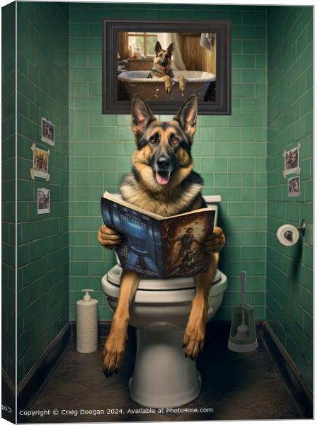 German Shepherd on the Toilet Reading Magazine Canvas Print by Craig Doogan