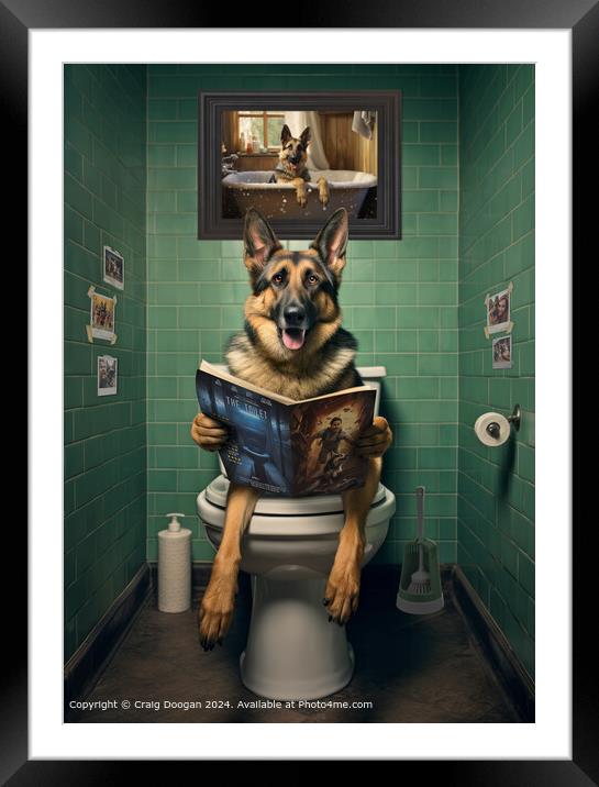 German Shepherd on the Toilet Reading Magazine Framed Mounted Print by Craig Doogan