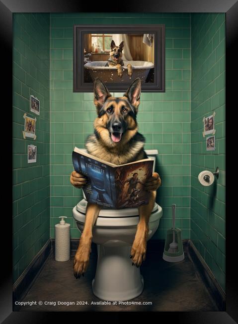 German Shepherd on the Toilet Reading Magazine Framed Print by Craig Doogan