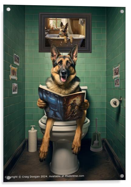 German Shepherd on the Toilet Reading Magazine Acrylic by Craig Doogan