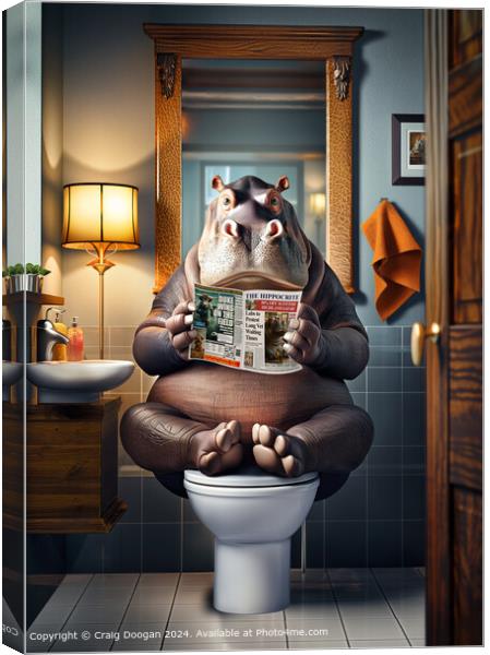 Funny Hippo Reading Newspaper on the Toilet Canvas Print by Craig Doogan