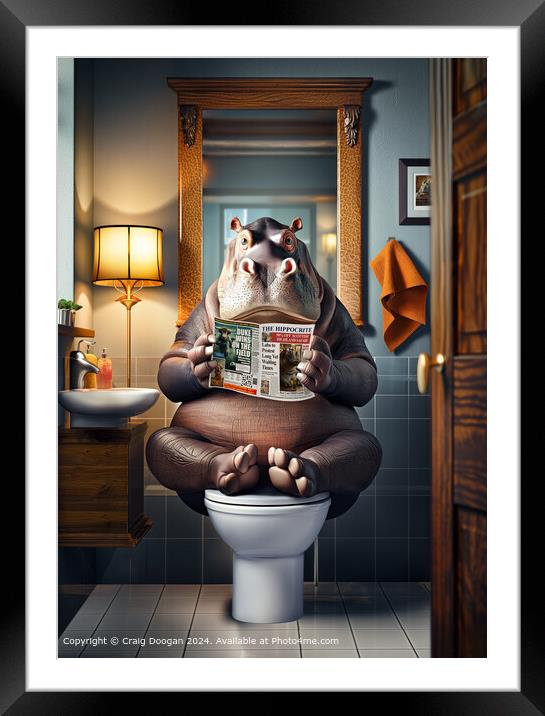 Funny Hippo Reading Newspaper on the Toilet Framed Mounted Print by Craig Doogan