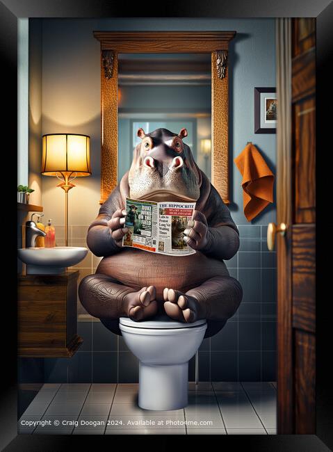 Funny Hippo Reading Newspaper on the Toilet Framed Print by Craig Doogan