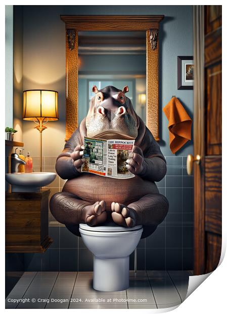 Funny Hippo Reading Newspaper on the Toilet Print by Craig Doogan
