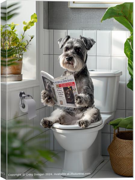 Schnauzer Dog Reading Newspaper no the Toilet Canvas Print by Craig Doogan