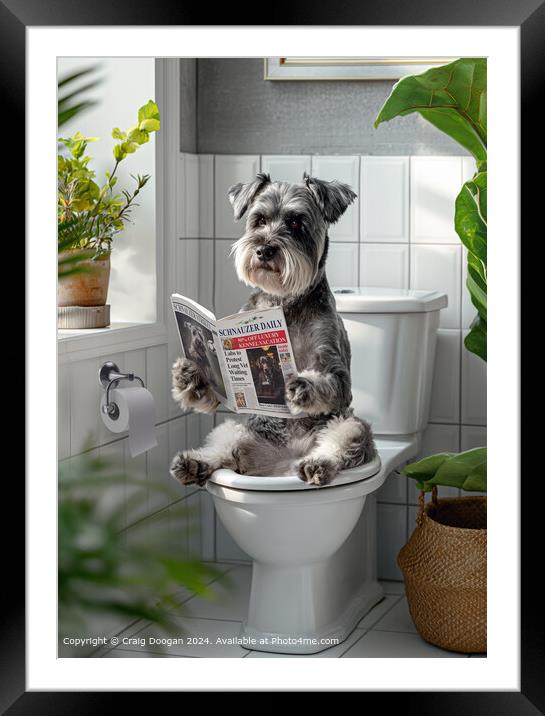 Schnauzer Dog Reading Newspaper no the Toilet Framed Mounted Print by Craig Doogan