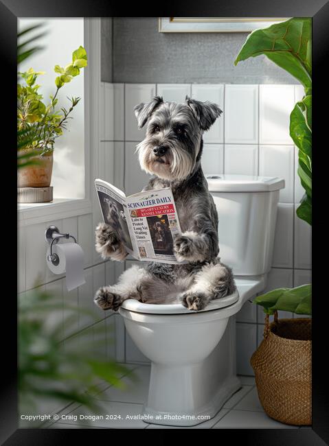 Schnauzer Dog Reading Newspaper no the Toilet Framed Print by Craig Doogan