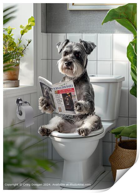 Schnauzer Dog Reading Newspaper no the Toilet Print by Craig Doogan
