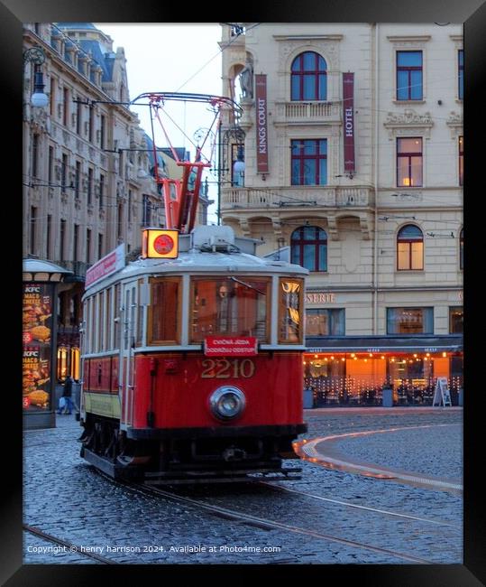 Colourful Rainy Tram in Prague Framed Print by henry harrison