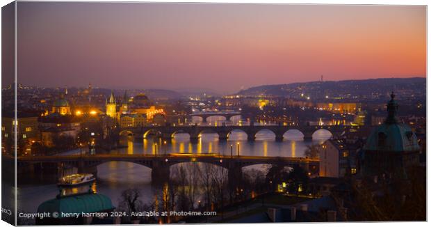 Prague Sunset River Cityscape Canvas Print by henry harrison