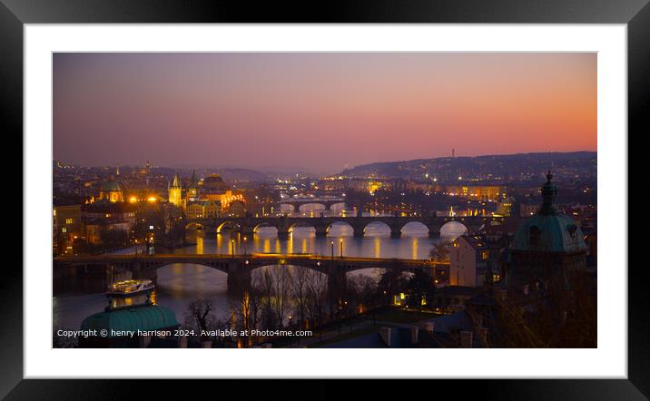 Prague Sunset River Cityscape Framed Mounted Print by henry harrison