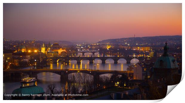 Prague Sunset River Cityscape Print by henry harrison