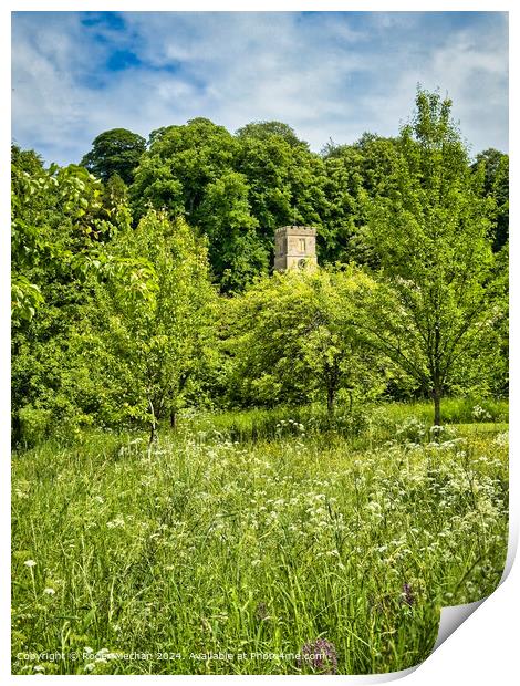 The Church and the  Meadow in Spring Print by Roger Mechan