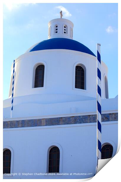 White Blue Santorini Church Print by Stephen Chadbond
