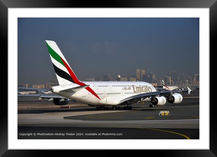 Aircraft with Skyline Contrast in Dubai. Framed Mounted Print by PhotOvation-Akshay Thaker